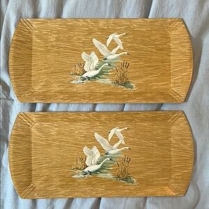Vintage Swan Design Wooden Trays - Brown and White